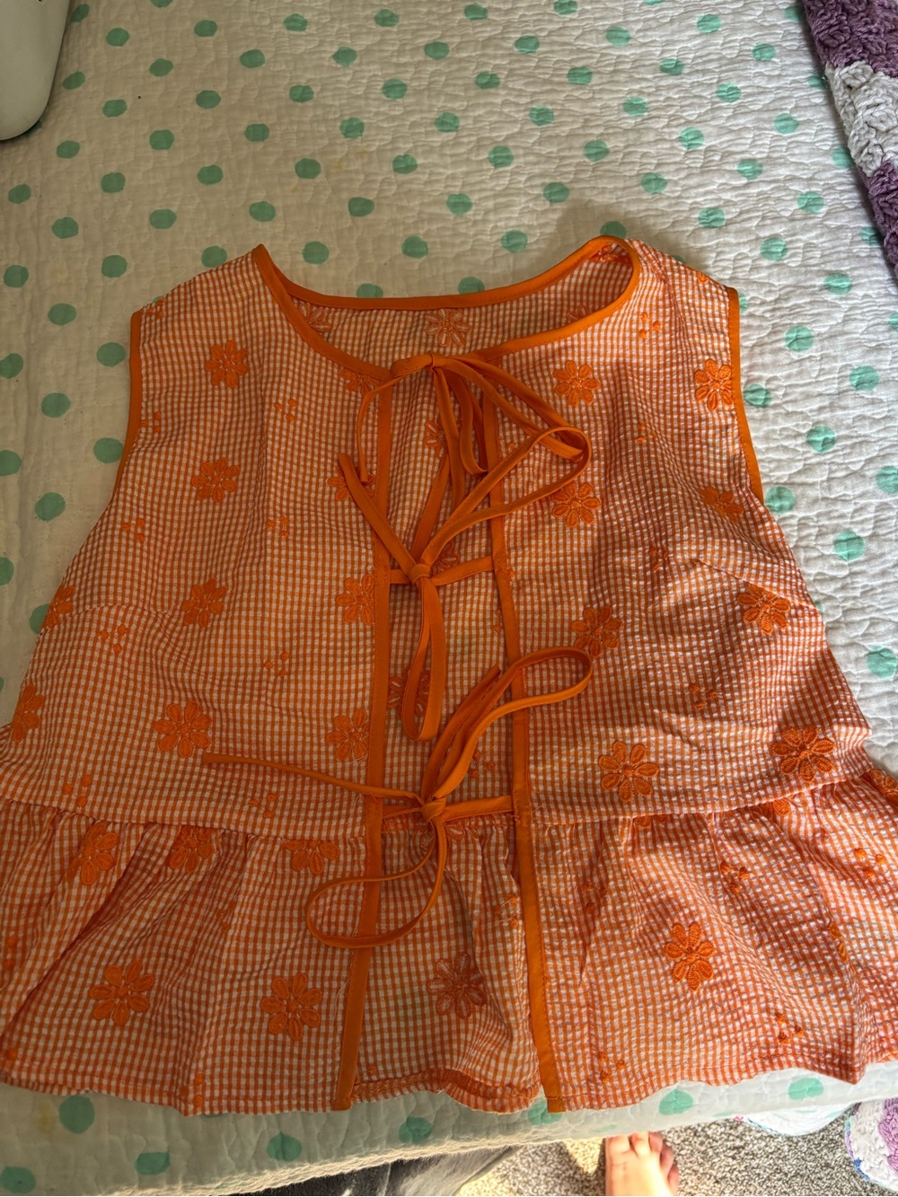SHEIN Orange Floral Lace-Up Button Down Top